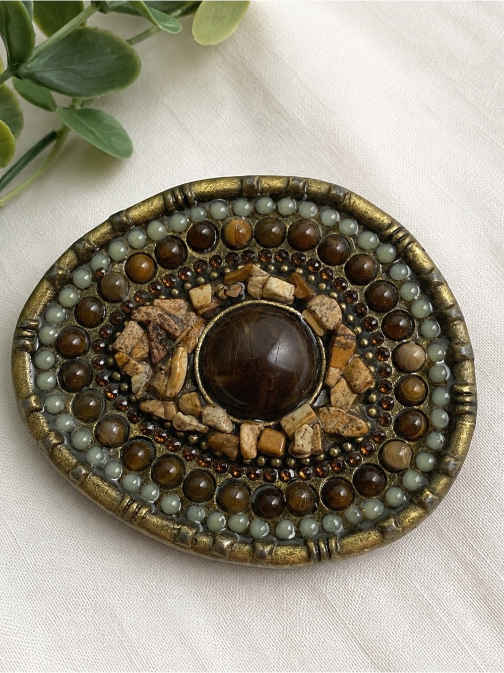 Vintage Boho Mosaic Stone Belt Buckle Brown Tan Beaded Western Accent